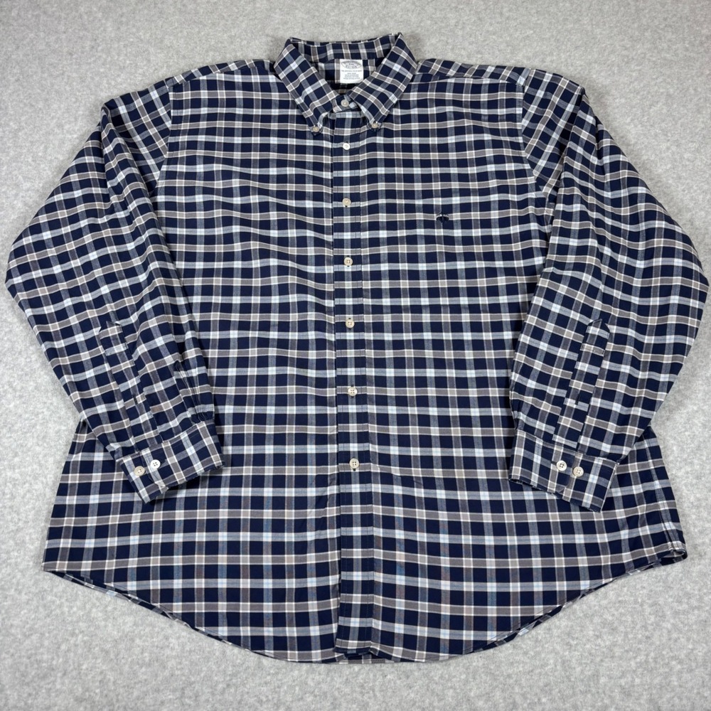 Brooks Brothers Button Down Shirt Mens XXL Navy Blue Plaid Non-Iron Cotton